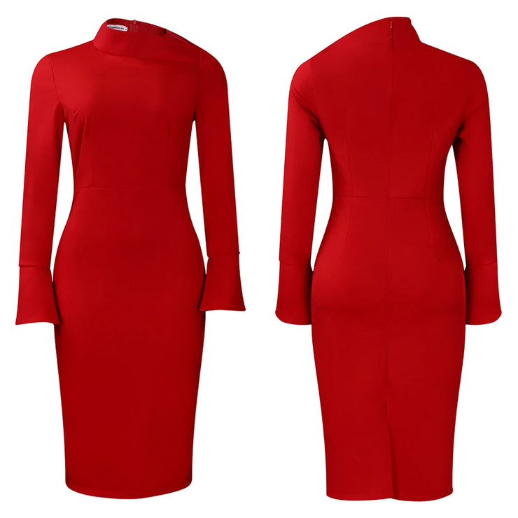 Dresses for Women 2024 New Skew Collar Full Sleeve Solid Sheath Package Hips Mid Calf Professional African Business Work Dress