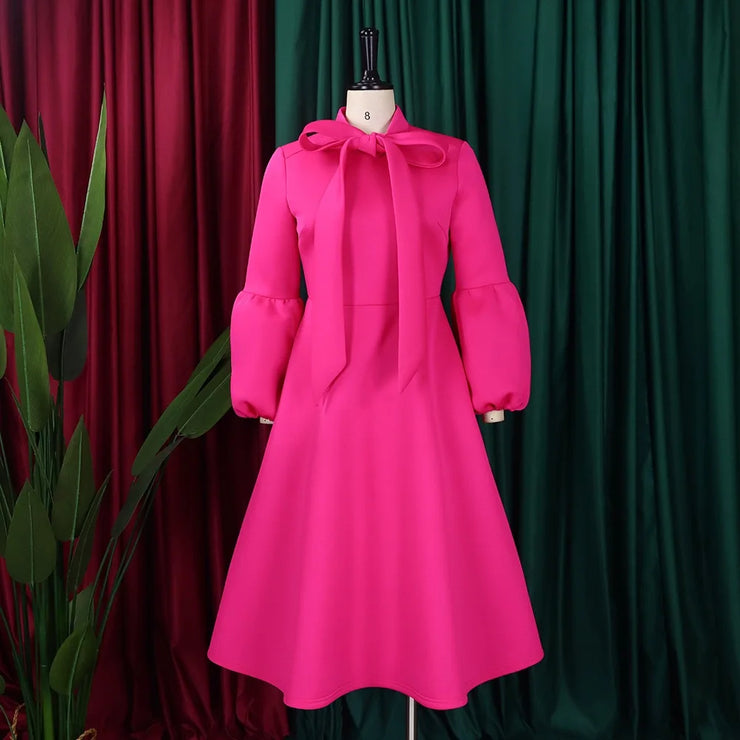 Elegant Dresses for Women Bow Collar Full Sleeve High Waisted Pleated Mid Calf Luxury Birthday Party Dinner Vestidos Mujer Dress