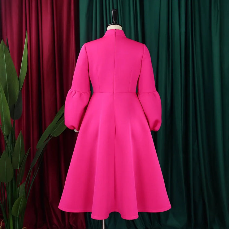 Elegant Dresses for Women Bow Collar Full Sleeve High Waisted Pleated Mid Calf Luxury Birthday Party Dinner Vestidos Mujer Dress