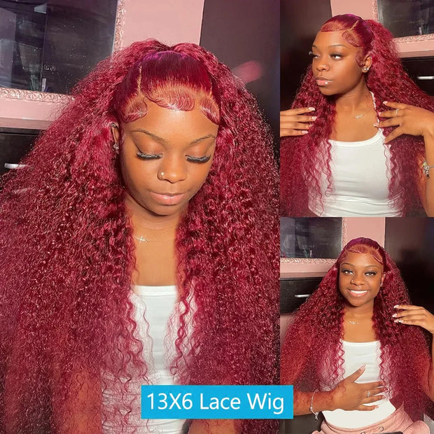 40 Inch Curly Burgundy 13x6 Hd Lace Front Human Hair Wig Red Wigs For Women Transparent Lace 5x5 13x4 Deep Wave Frontal Wig 99j