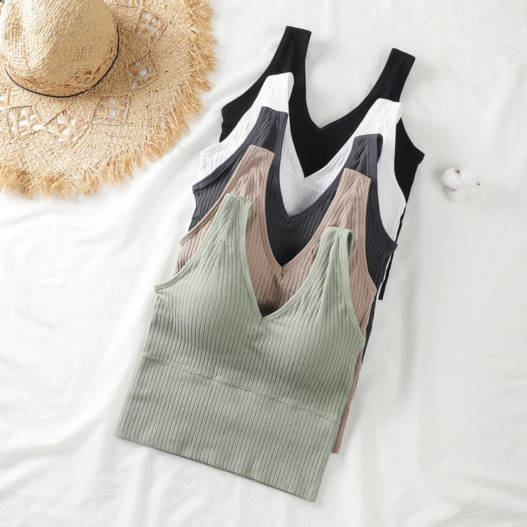 Bra Tops Summer V Neck Rib Crop Tank Top With Detachable Bra Pads Sleevelss Solid Color Backless Sporty Bra Top