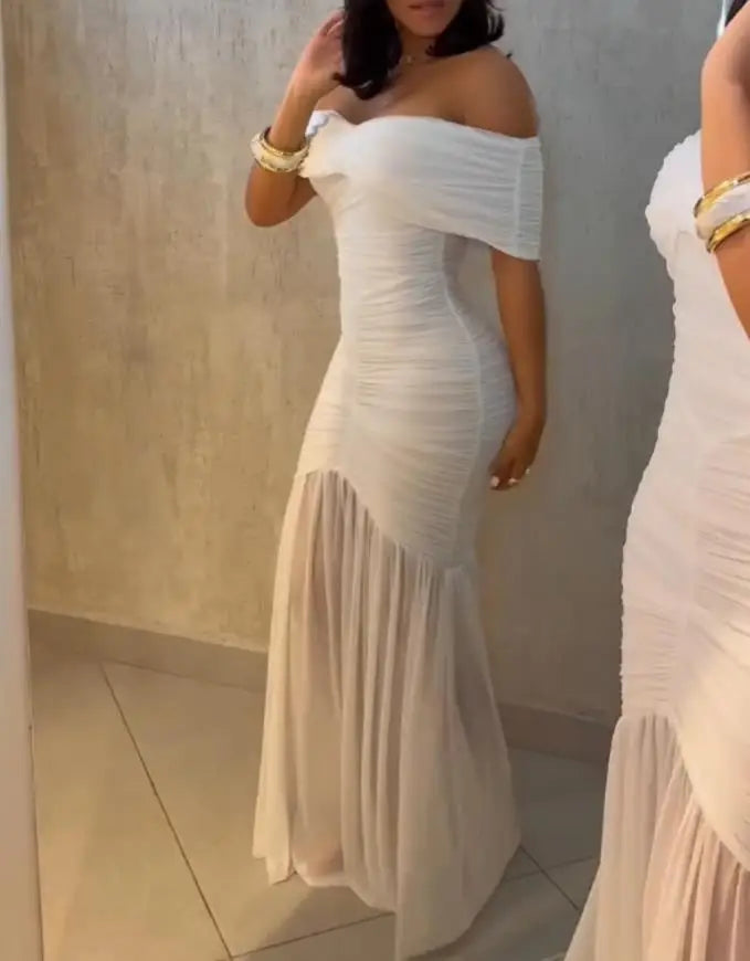 Dresses for Women 2025 Elegant Sexy Off Shoulder Ruched Cinched Waist Evening Dress Slim Fit Mermaid Hem Party Dress