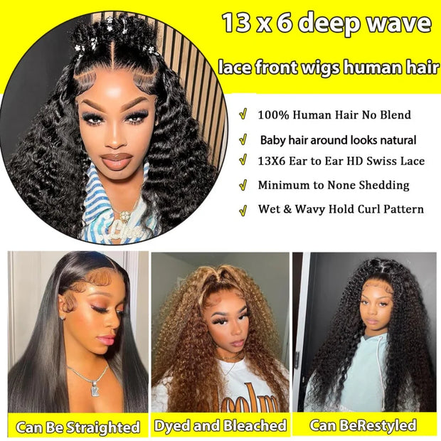 Deep Wave Human Hair Wigs 13X6 Hd Lace Frontal Wig Water Wave Lace Front Wigs Curly Brazilian Wigs 200 Density 40 Inch For Women