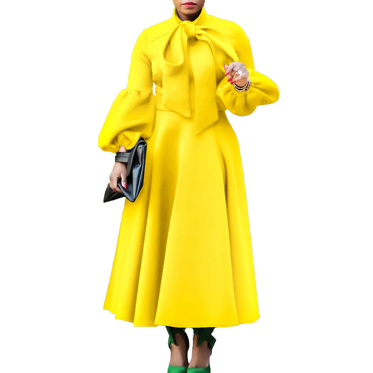 Elegant Dresses for Women Bow Collar Full Sleeve High Waisted Pleated Mid Calf Luxury Birthday Party Dinner Vestidos Mujer Dress