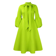 Elegant Dresses for Women Bow Collar Full Sleeve High Waisted Pleated Mid Calf Luxury Birthday Party Dinner Vestidos Mujer Dress