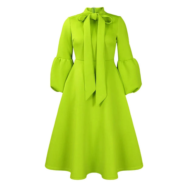 Elegant Dresses for Women Bow Collar Full Sleeve High Waisted Pleated Mid Calf Luxury Birthday Party Dinner Vestidos Mujer Dress