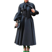 Elegant Dresses for Women Bow Collar Full Sleeve High Waisted Pleated Mid Calf Luxury Birthday Party Dinner Vestidos Mujer Dress