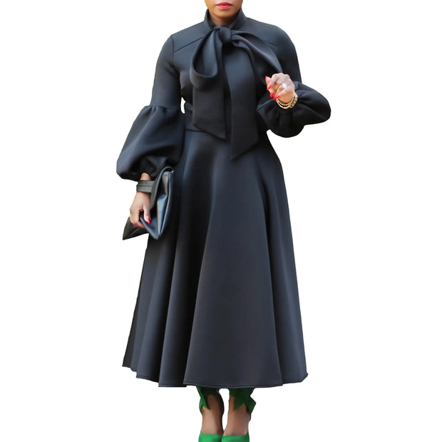 Elegant Dresses for Women Bow Collar Full Sleeve High Waisted Pleated Mid Calf Luxury Birthday Party Dinner Vestidos Mujer Dress