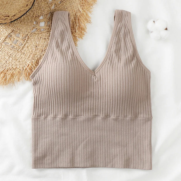 Bra Tops Summer V Neck Rib Crop Tank Top With Detachable Bra Pads Sleevelss Solid Color Backless Sporty Bra Top