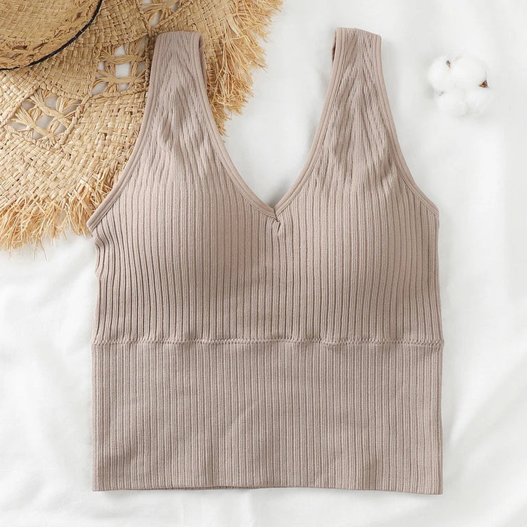Bra Tops Summer V Neck Rib Crop Tank Top With Detachable Bra Pads Sleevelss Solid Color Backless Sporty Bra Top