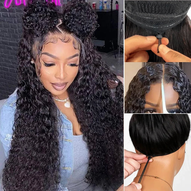 13x6 HD Lace Frontal Wigs Water Wave Pull Go Glueless Wig Human Hair 360 Full Lace Wig with Invisible Elastic Drawstring