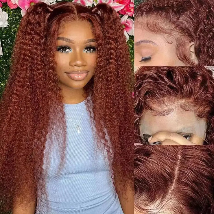 ISHINE Reddish Brown Deep Curly 13x4 Lace Frontal Wig Human Hair 13x6 Curly 34 Inch HD Lace Front Wigs Red Wine Water Wave