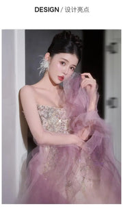 Woman's Dresses Pink Evening Dress High-End Light Luxury Niche Strapless Bridal Engagement Dress Elegant Evening Dress