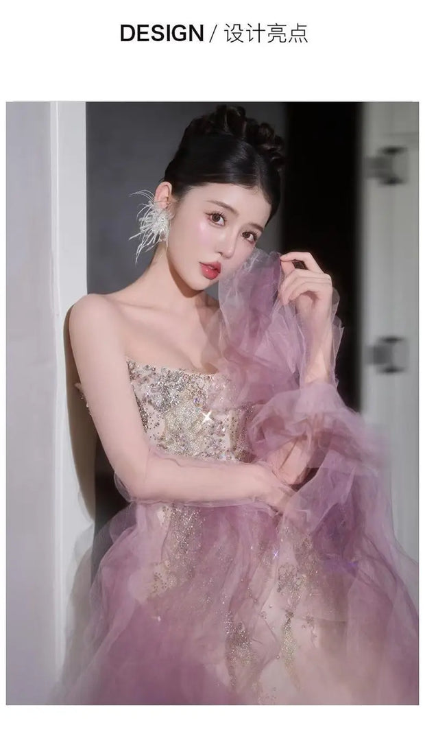Woman's Dresses Pink Evening Dress High-End Light Luxury Niche Strapless Bridal Engagement Dress Elegant Evening Dress