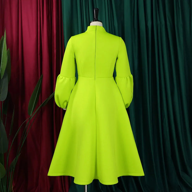 Elegant Dresses for Women Bow Collar Full Sleeve High Waisted Pleated Mid Calf Luxury Birthday Party Dinner Vestidos Mujer Dress