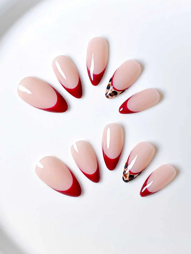 10 pieces, handmade almond-shaped nails, red color, leopard pattern, French manicure style, high-end feel, removable.