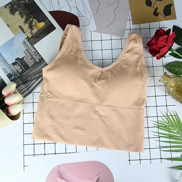 Bra Tops Summer V Neck Rib Crop Tank Top With Detachable Bra Pads Sleevelss Solid Color Backless Sporty Bra Top