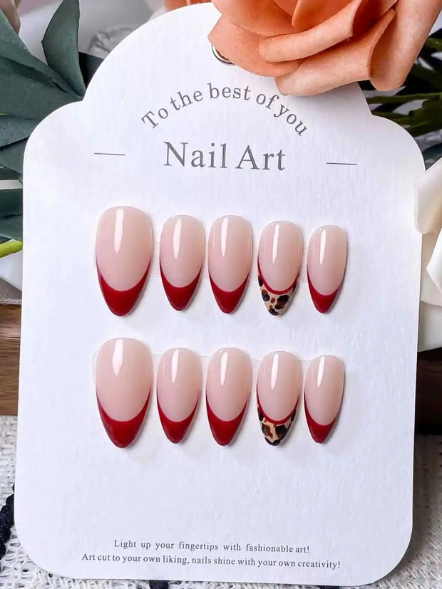 10 pieces, handmade almond-shaped nails, red color, leopard pattern, French manicure style, high-end feel, removable.