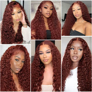 ISHINE Reddish Brown Deep Curly 13x4 Lace Frontal Wig Human Hair 13x6 Curly 34 Inch HD Lace Front Wigs Red Wine Water Wave