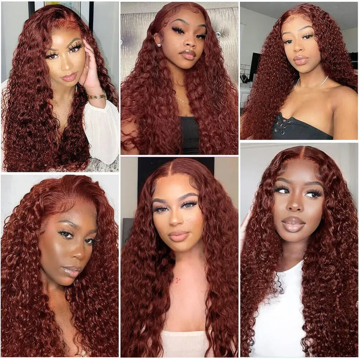 ISHINE Reddish Brown Deep Curly 13x4 Lace Frontal Wig Human Hair 13x6 Curly 34 Inch HD Lace Front Wigs Red Wine Water Wave