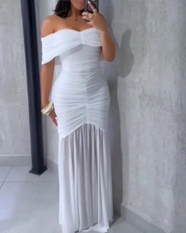 Dresses for Women 2025 Elegant Sexy Off Shoulder Ruched Cinched Waist Evening Dress Slim Fit Mermaid Hem Party Dress