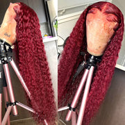 ISHINE Reddish Brown Deep Curly 13x4 Lace Frontal Wig Human Hair 13x6 Curly 34 Inch HD Lace Front Wigs Red Wine Water Wave