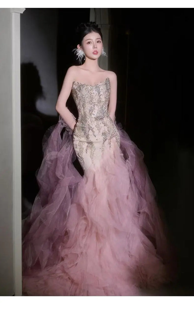 Woman's Dresses Pink Evening Dress High-End Light Luxury Niche Strapless Bridal Engagement Dress Elegant Evening Dress