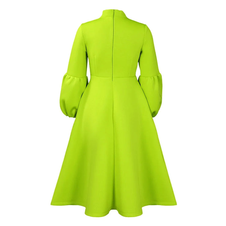 Elegant Dresses for Women Bow Collar Full Sleeve High Waisted Pleated Mid Calf Luxury Birthday Party Dinner Vestidos Mujer Dress