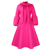 Elegant Dresses for Women Bow Collar Full Sleeve High Waisted Pleated Mid Calf Luxury Birthday Party Dinner Vestidos Mujer Dress