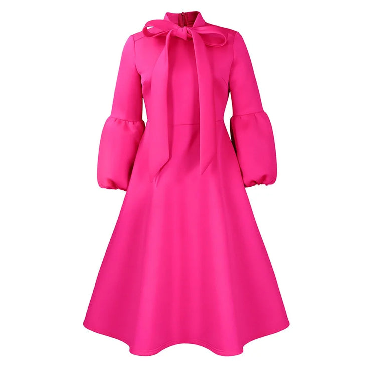 Elegant Dresses for Women Bow Collar Full Sleeve High Waisted Pleated Mid Calf Luxury Birthday Party Dinner Vestidos Mujer Dress