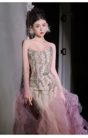 Woman's Dresses Pink Evening Dress High-End Light Luxury Niche Strapless Bridal Engagement Dress Elegant Evening Dress