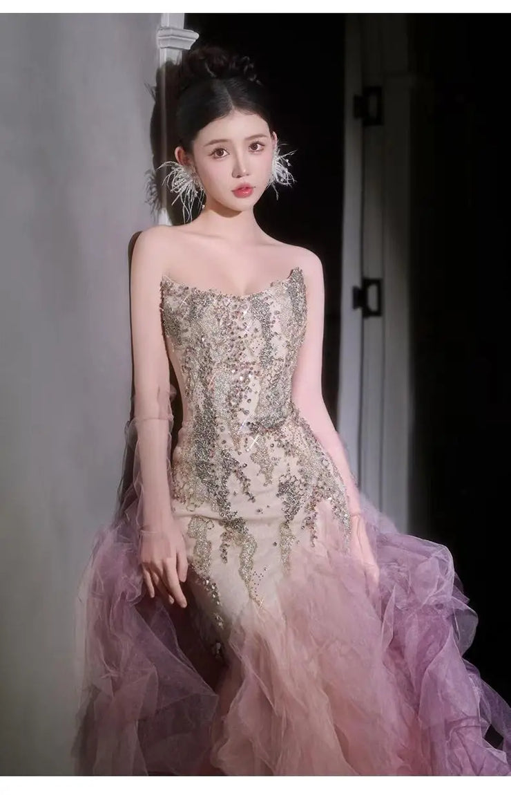 Woman's Dresses Pink Evening Dress High-End Light Luxury Niche Strapless Bridal Engagement Dress Elegant Evening Dress