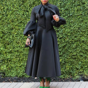 Elegant Dresses for Women Bow Collar Full Sleeve High Waisted Pleated Mid Calf Luxury Birthday Party Dinner Vestidos Mujer Dress