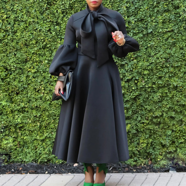 Elegant Dresses for Women Bow Collar Full Sleeve High Waisted Pleated Mid Calf Luxury Birthday Party Dinner Vestidos Mujer Dress