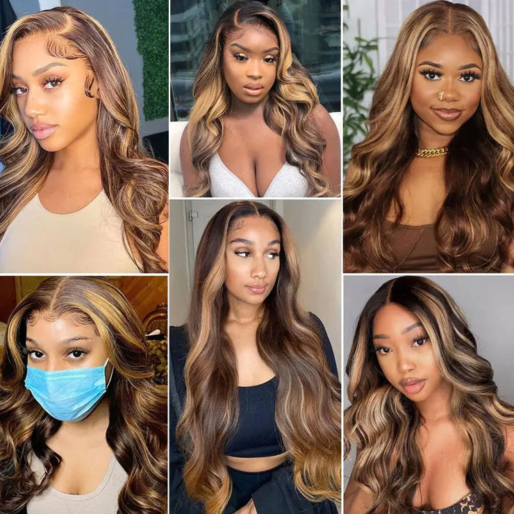 Highlight 13x4 Lace Frontal Wig Human Hair Body Wave 13x6 Hd Lace Front Wig For Women 4/27 Blonde Ombre Brown Colored Wig 36Inch
