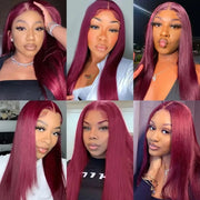 13x6 Red Straight HD Lace Front Wig Pre-Plucked Glueless Long Straight 99j Burgundy Synthetic Lace Front Wigs For Black Women
