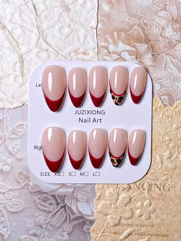 10 pieces, handmade almond-shaped nails, red color, leopard pattern, French manicure style, high-end feel, removable.