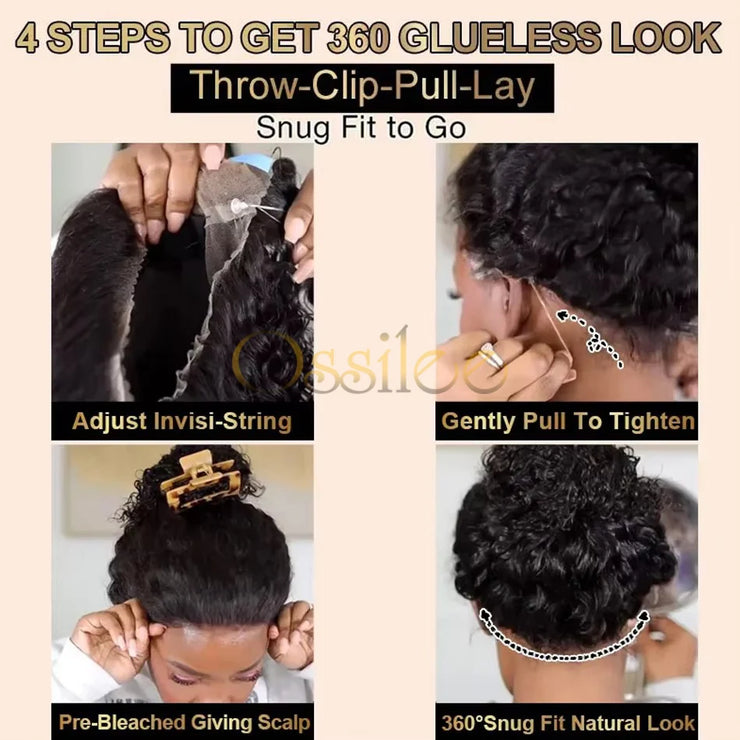 13x6 HD Lace Frontal Wigs Water Wave Pull Go Glueless Wig Human Hair 360 Full Lace Wig with Invisible Elastic Drawstring