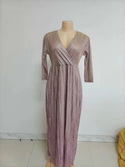 Dresses For Women Elegant Party Low Cut Sequined Gown Dress With Belt Nine Point Sleeve Ruffle Hem Flowy Long Dress Plus Size