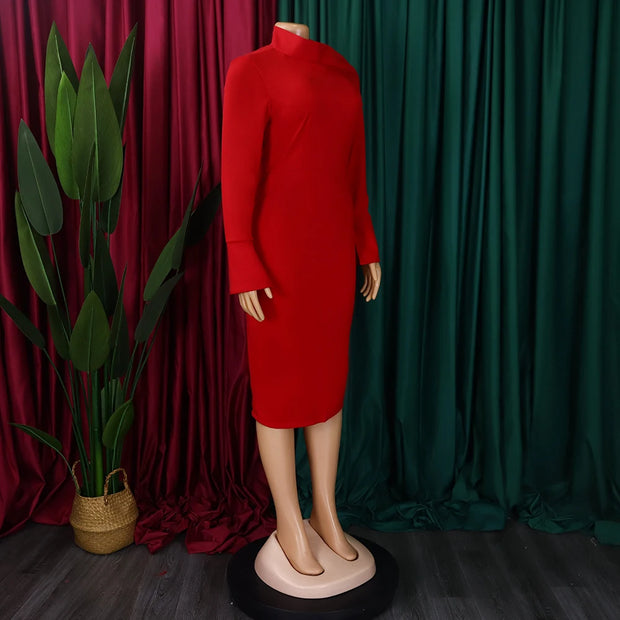 Dresses for Women 2024 New Skew Collar Full Sleeve Solid Sheath Package Hips Mid Calf Professional African Business Work Dress