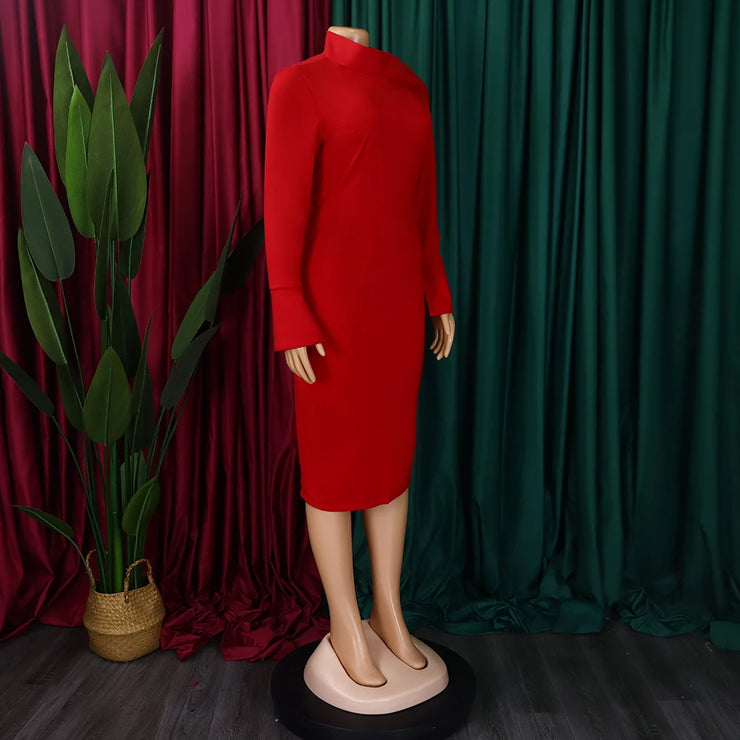 Dresses for Women 2024 New Skew Collar Full Sleeve Solid Sheath Package Hips Mid Calf Professional African Business Work Dress