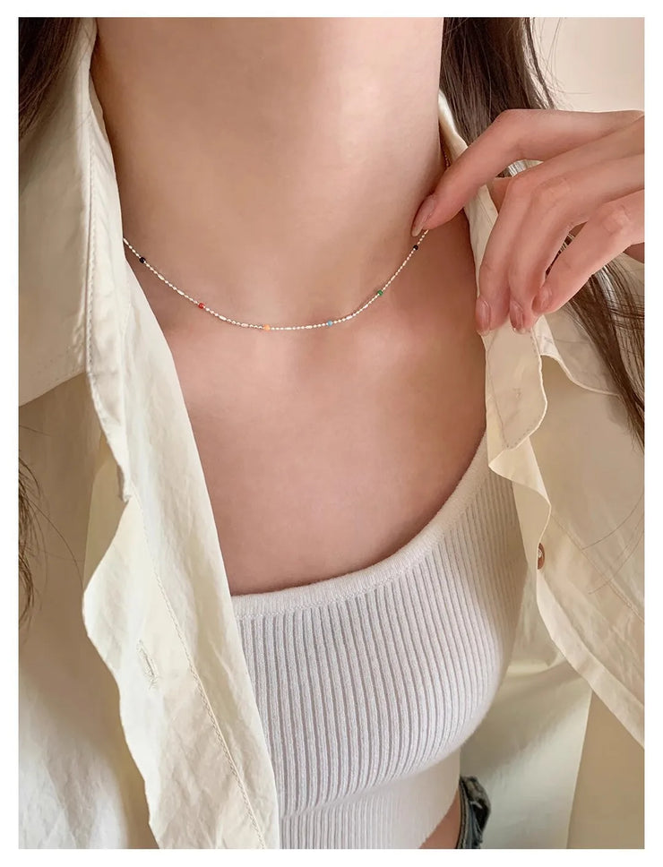 925 Silver Sterling Silver Necklace With Simple Geometric Multicolour Beads Choker Shiny Delicate Collarbone Chain For Women's