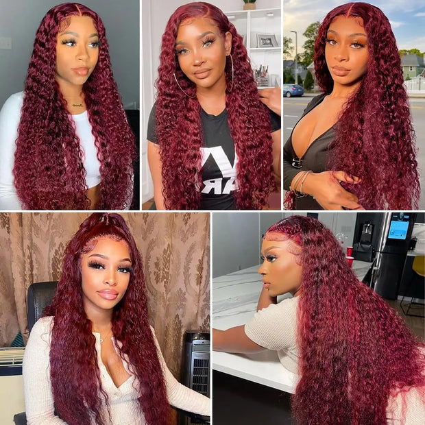 40 Inch Curly Burgundy 13x6 Hd Lace Front Human Hair Wig Red Wigs For Women Transparent Lace 5x5 13x4 Deep Wave Frontal Wig 99j