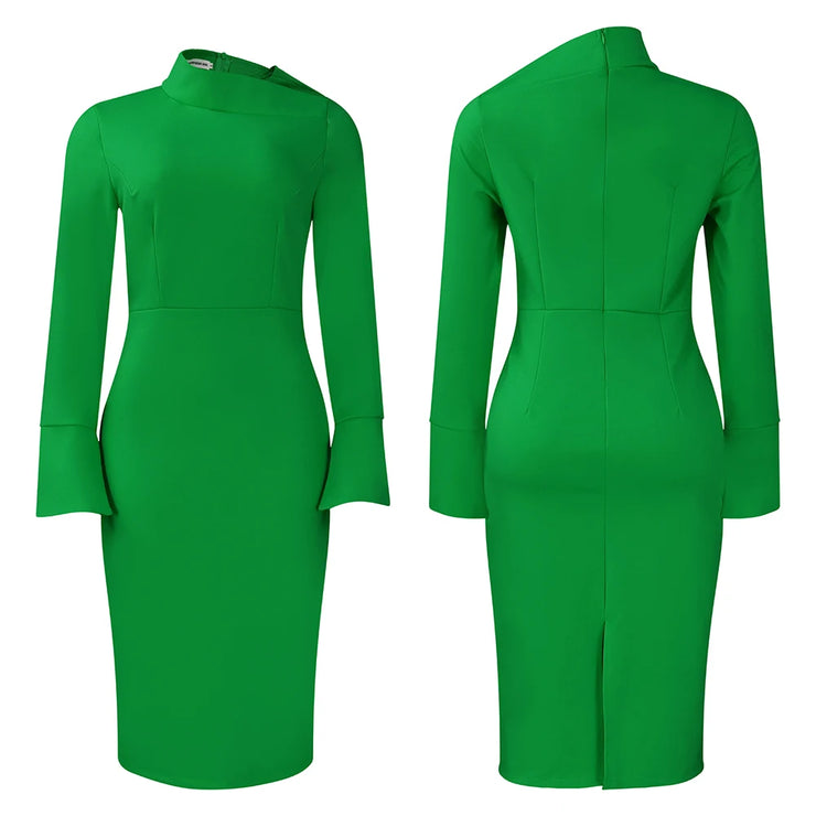 Dresses for Women 2024 New Skew Collar Full Sleeve Solid Sheath Package Hips Mid Calf Professional African Business Work Dress