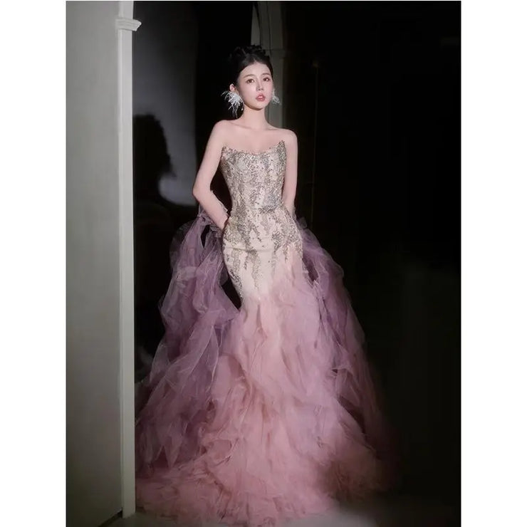 Woman's Dresses Pink Evening Dress High-End Light Luxury Niche Strapless Bridal Engagement Dress Elegant Evening Dress