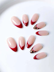 10 pieces, handmade almond-shaped nails, red color, leopard pattern, French manicure style, high-end feel, removable.