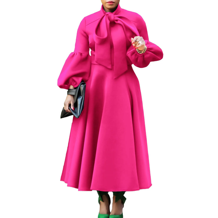 Elegant Dresses for Women Bow Collar Full Sleeve High Waisted Pleated Mid Calf Luxury Birthday Party Dinner Vestidos Mujer Dress