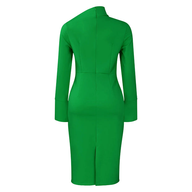 Dresses for Women 2024 New Skew Collar Full Sleeve Solid Sheath Package Hips Mid Calf Professional African Business Work Dress