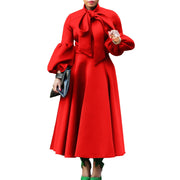 Elegant Dresses for Women Bow Collar Full Sleeve High Waisted Pleated Mid Calf Luxury Birthday Party Dinner Vestidos Mujer Dress