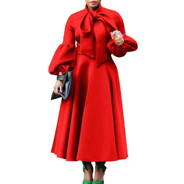 Elegant Dresses for Women Bow Collar Full Sleeve High Waisted Pleated Mid Calf Luxury Birthday Party Dinner Vestidos Mujer Dress